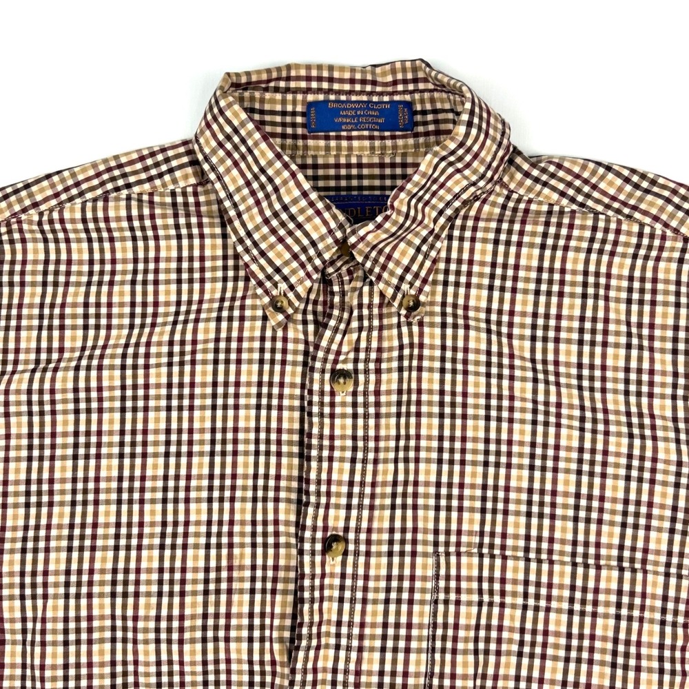 Pendleton Broadway Cloth Mens Large Burgundy Tan Check Button Down Shirt L